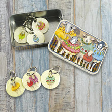 Load image into Gallery viewer, Sheep in Sweaters stitch markers in a pocket tin